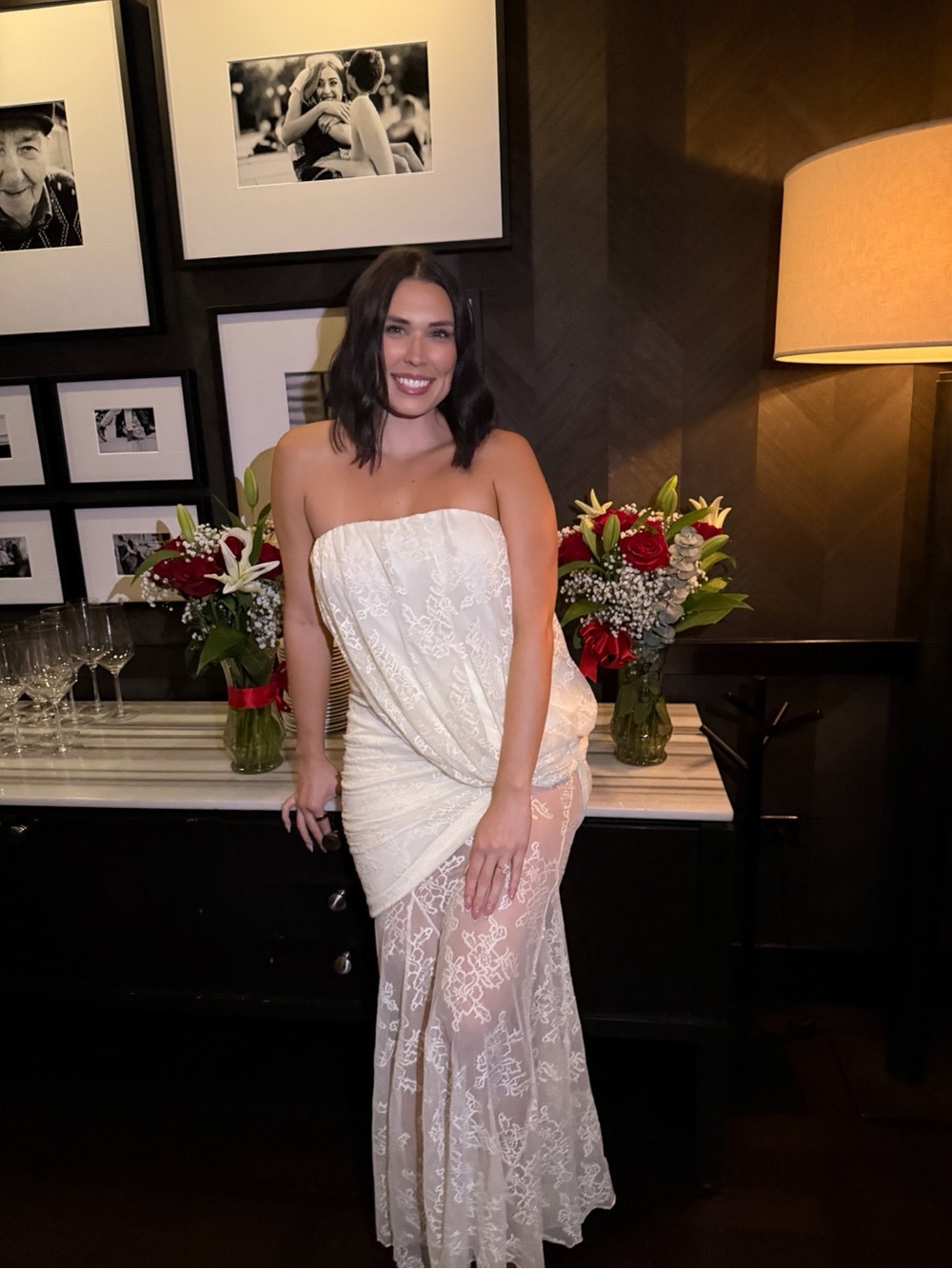 PLT LABEL CREAM LACE ASYMMETRICAL DRAPE GODET FISHTAIL BANDEAU MAXI DRESS - Picture 3 of 3